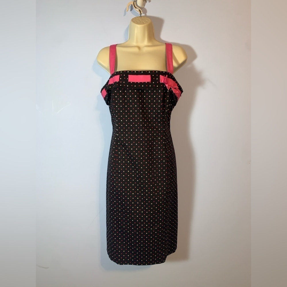 Jones New York Black with pink Polka Dot Dress pink ribbon trim size 12 stretch
